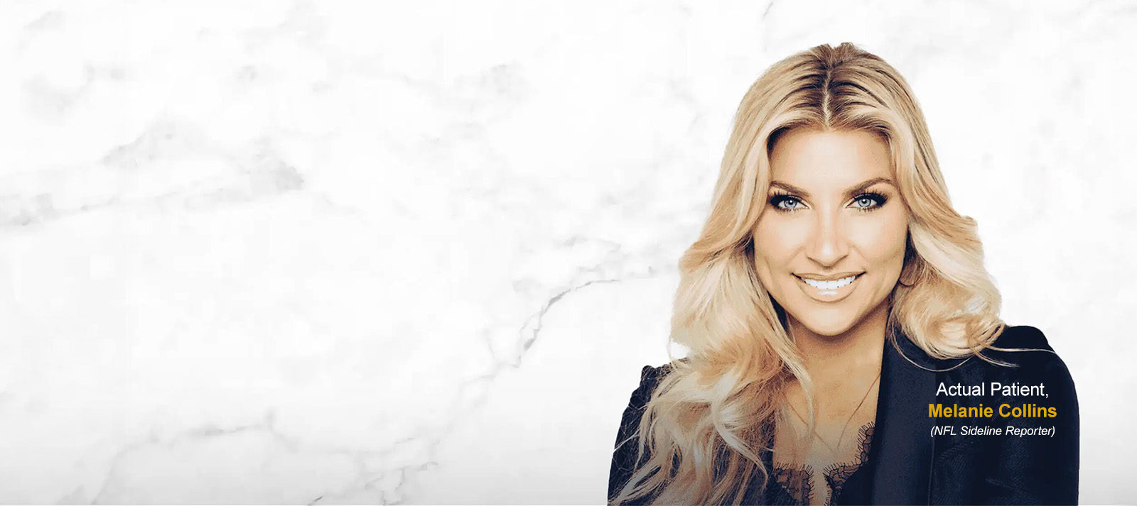 The image features a woman with blonde hair, wearing a dark top, against a marble background, with a text overlay containing a message about patient care.