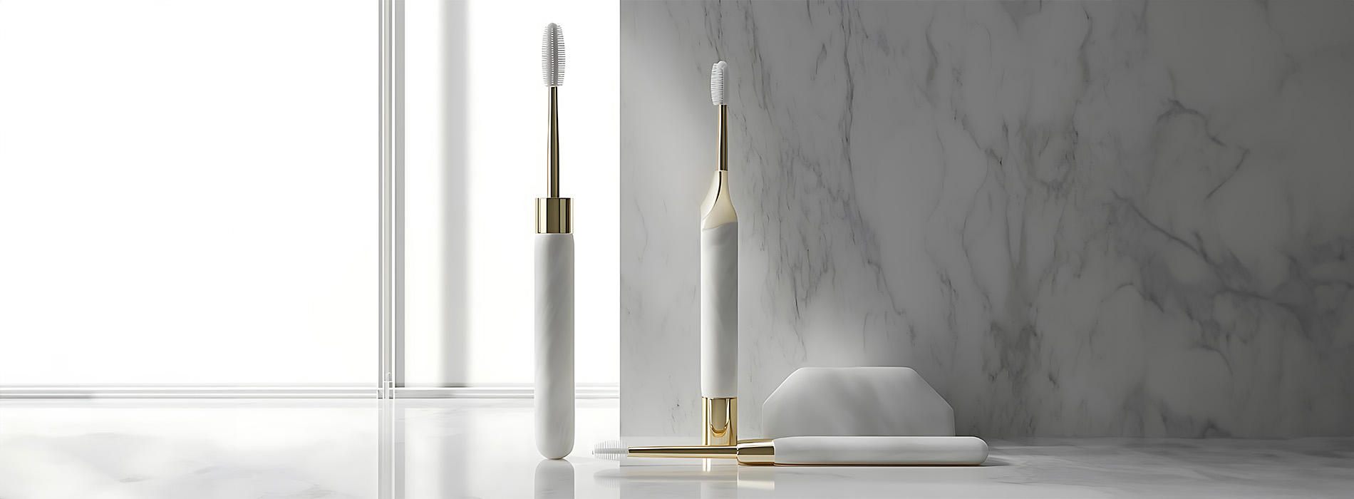 A minimalist kitchen counter with a marble backsplash, a single candle holder, and a small collection of decorative items.