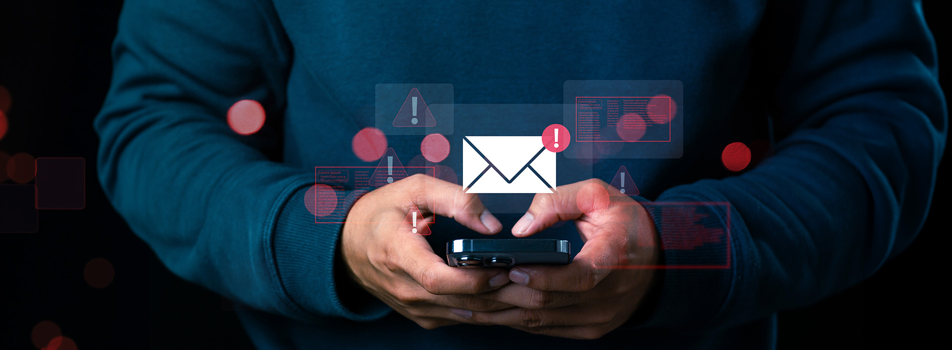 A person using a smartphone while surrounded by digital elements suggesting technology and communication themes.