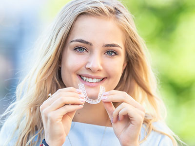 A young woman with blonde hair smiling at the camera while holding a clear dental retainer between her teeth.