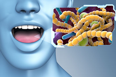 The image features a 3D rendering of a human head with an open mouth, displaying a microscopic view of bacteria and viruses within it, accompanied by a label that reads  Coronavirus.