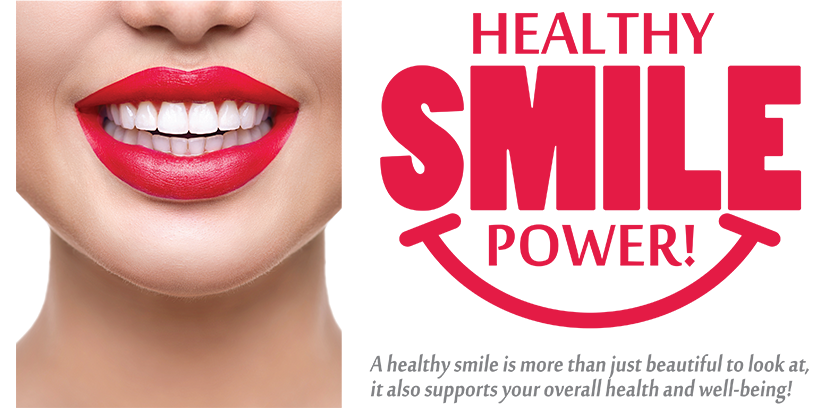 The image features a close-up of a person s face with red lipstick, against a plain background, with overlaid text advertising  Healthy Smile Power.