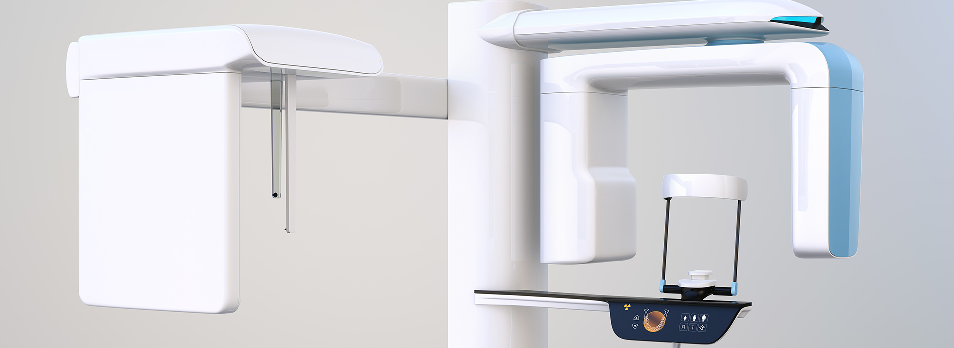 The image shows a modern dental chair setup with a digital display and a patient s headrest, set against a white background.