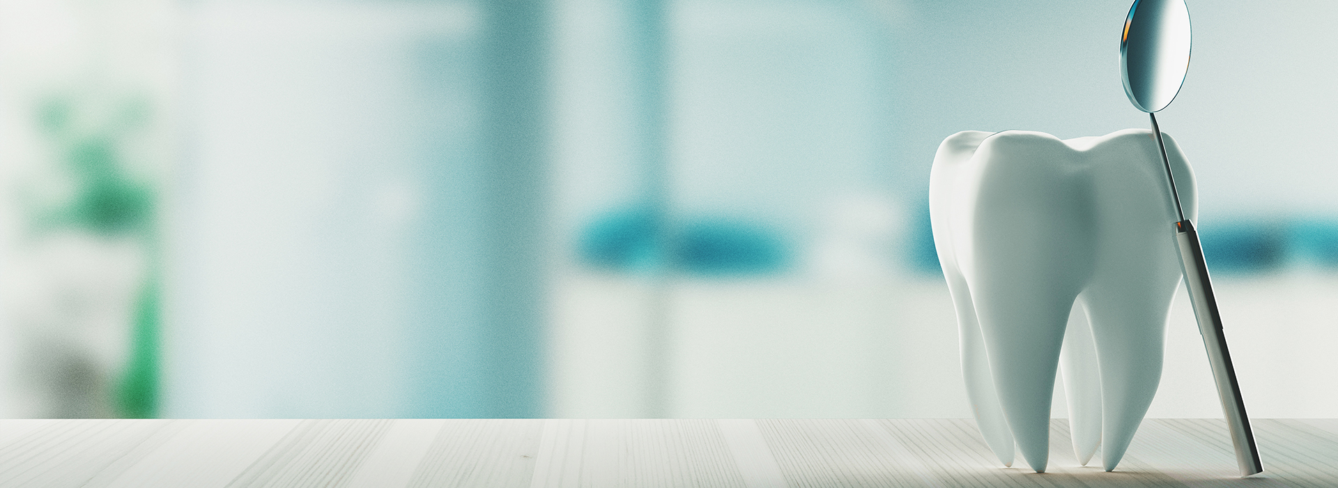 A digital rendering of a dental office with a focus on a toothbrush, toothpaste, and a model mouth.